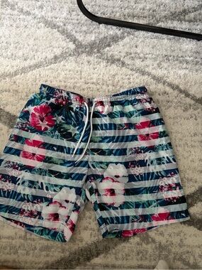 Men's Floral Stripe Hybrid Swim Shorts in Navy and Pink